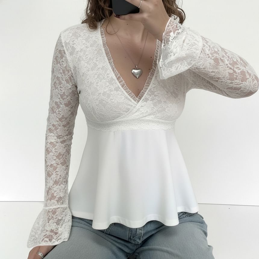 Ruffle Trim Bell Sleeve Lace A-Line Blouse