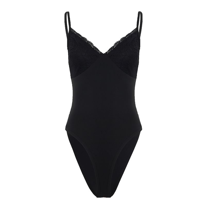 Spaghetti Strap V-Neck Lace Trim Bodysuit Top