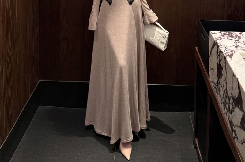 Turtleneck Plain Shrug / Long-Sleeve Plain Knit Maxi A-Line Dress