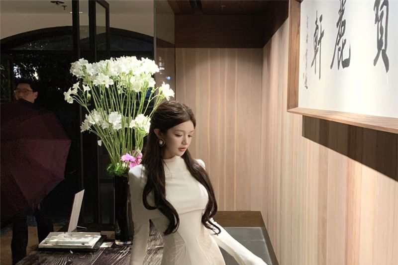 Turtleneck Plain Shrug / Long-Sleeve Plain Knit Maxi A-Line Dress