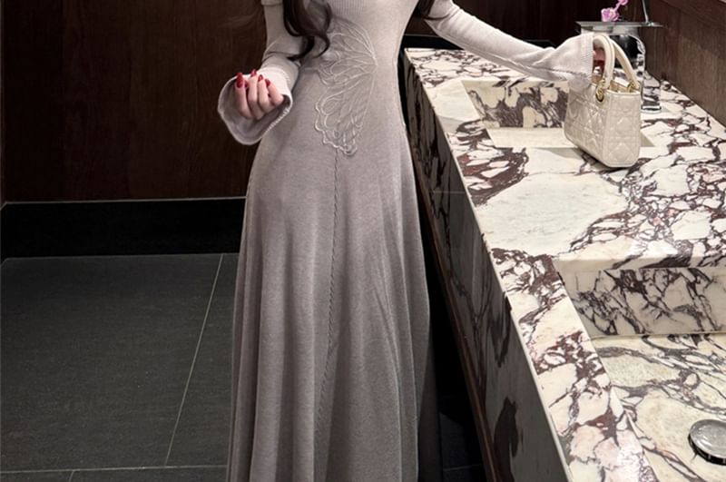 Turtleneck Plain Shrug / Long-Sleeve Plain Knit Maxi A-Line Dress