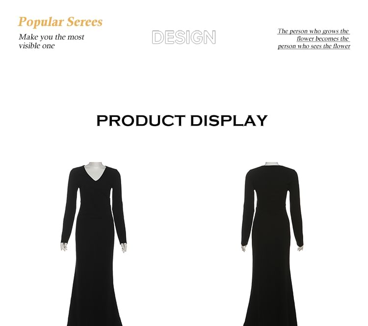 Long-Sleeve V-Neck Plain Maxi Mermaid Dress / Fluffy Vest