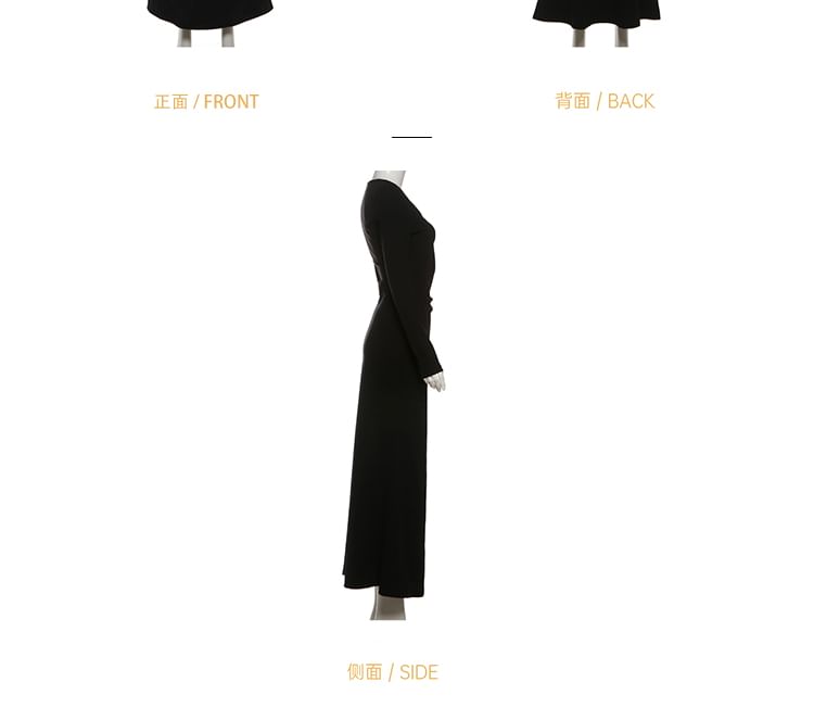 Long-Sleeve V-Neck Plain Maxi Mermaid Dress / Fluffy Vest