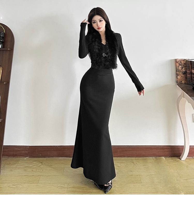Long-Sleeve V-Neck Plain Maxi Mermaid Dress / Fluffy Vest