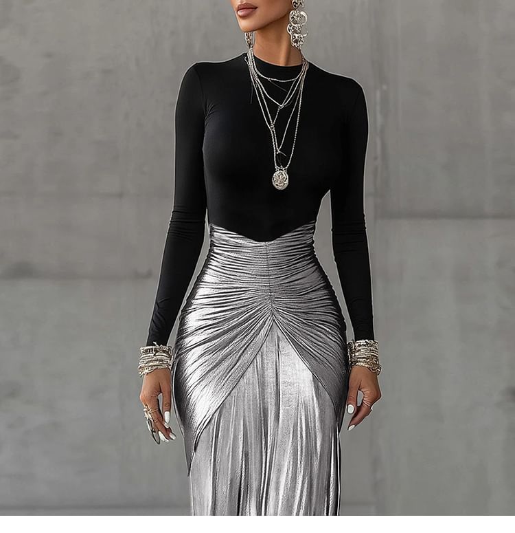 Long-Sleeve Crew Neck Two Tone Ruched Maxi Sheath Dress