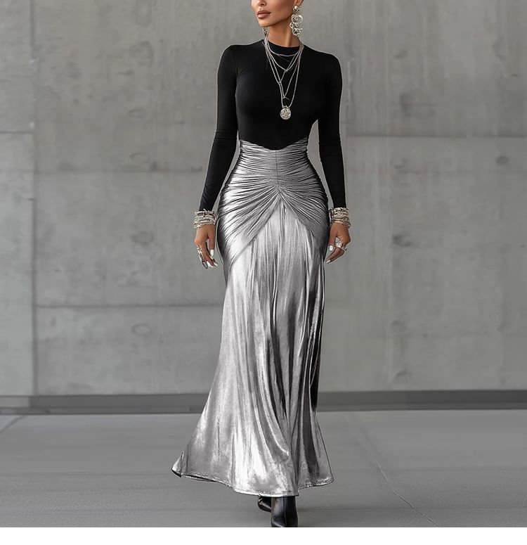Long-Sleeve Crew Neck Two Tone Ruched Maxi Sheath Dress