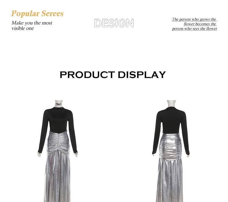 Long-Sleeve Crew Neck Two Tone Ruched Maxi Sheath Dress