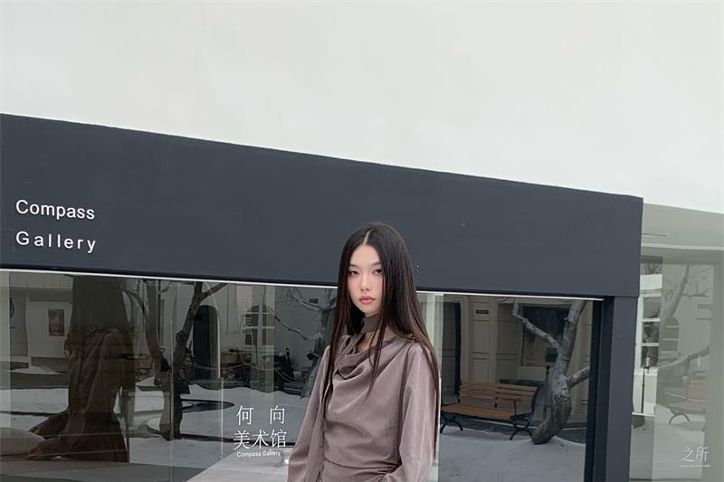 Long Sleeve Cowl Neck Plain Maxi A-Line Dress