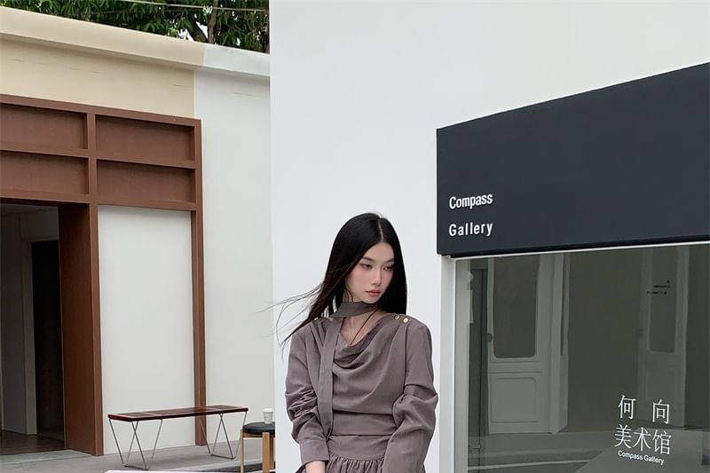 Long Sleeve Cowl Neck Plain Maxi A-Line Dress