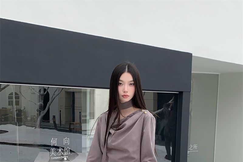 Long Sleeve Cowl Neck Plain Maxi A-Line Dress