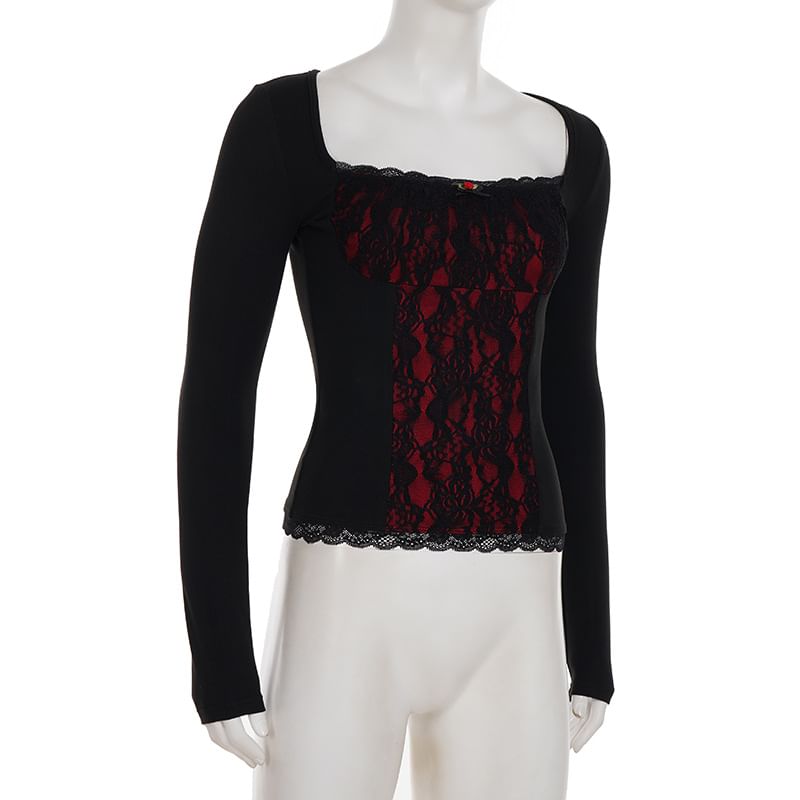 Square Neck Lace Panel T-Shirt - Long Sleeve