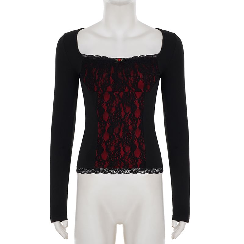 Square Neck Lace Panel T-Shirt - Long Sleeve