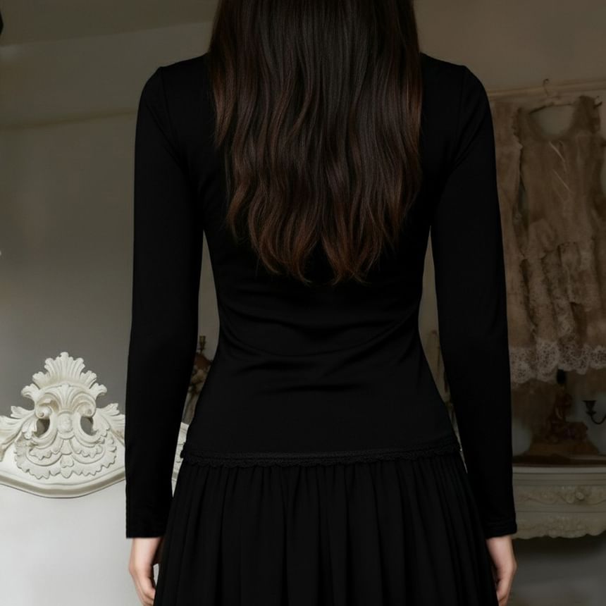 Square Neck Lace Panel T-Shirt - Long Sleeve