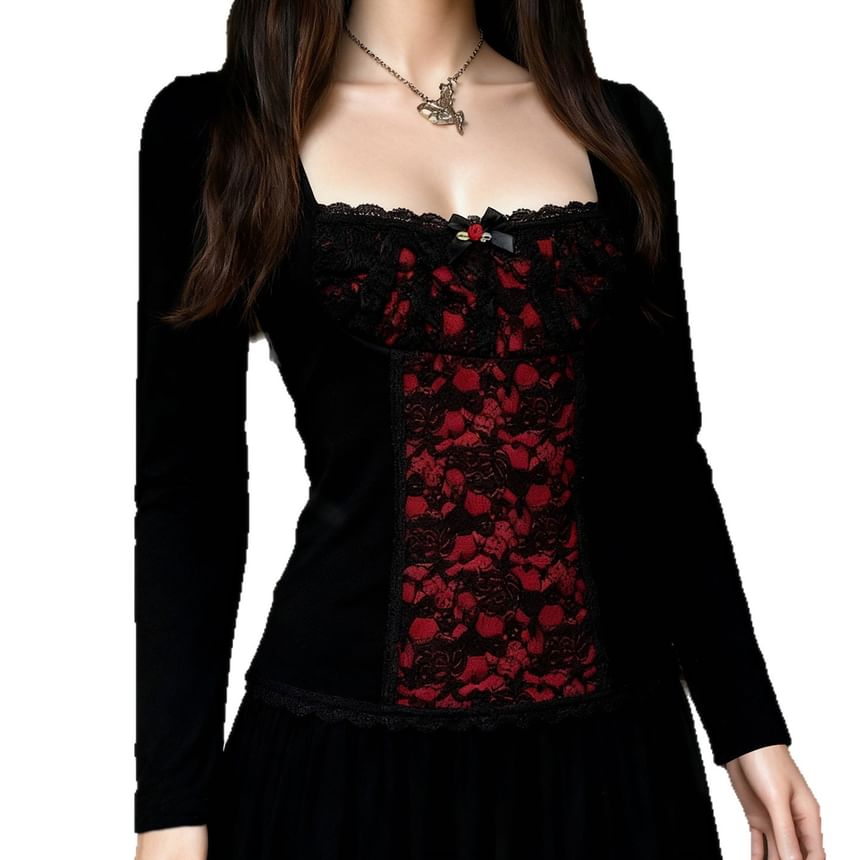 Square Neck Lace Panel T-Shirt - Long Sleeve