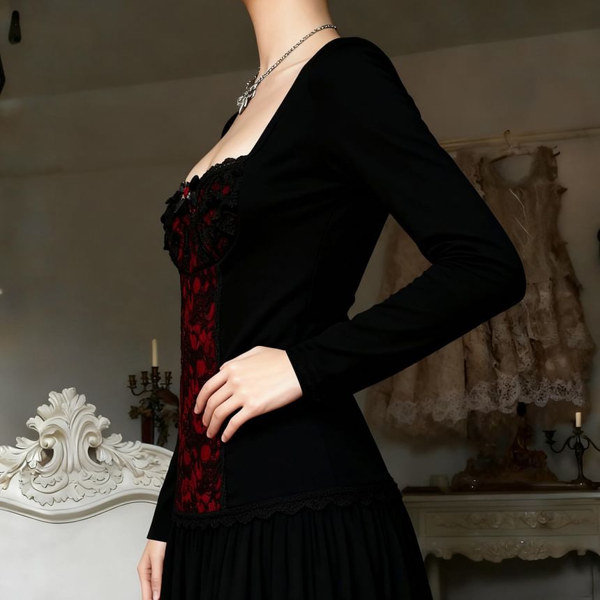 Square Neck Lace Panel T-Shirt - Long Sleeve