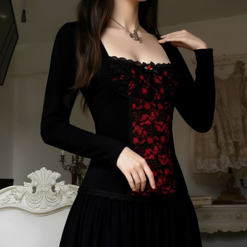 Square Neck Lace Panel T-Shirt - Long Sleeve