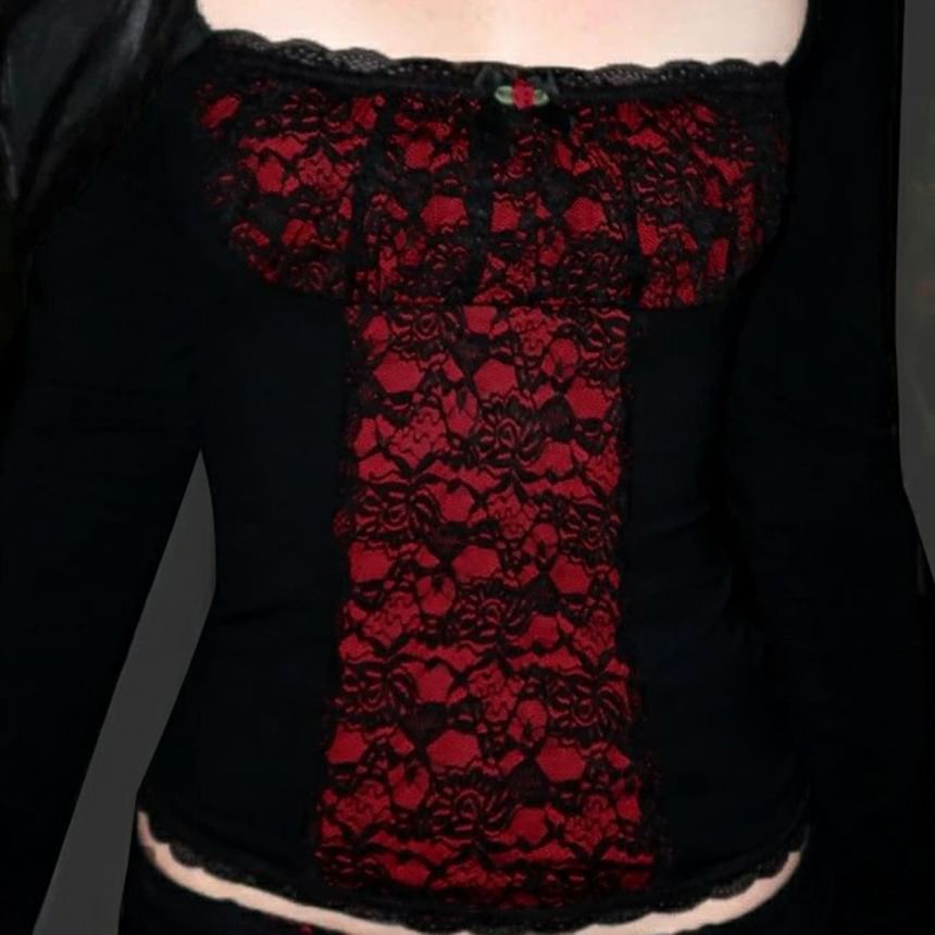 Square Neck Lace Panel T-Shirt - Long Sleeve