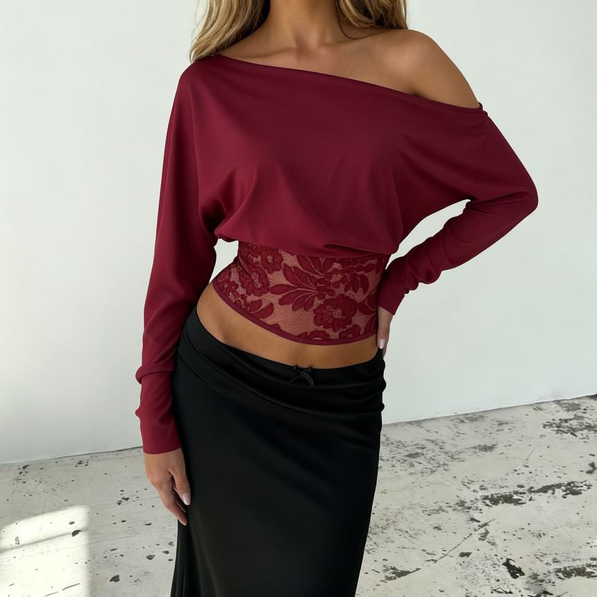 One Shoulder Lace Panel Cropped Long Sleeve Shirt