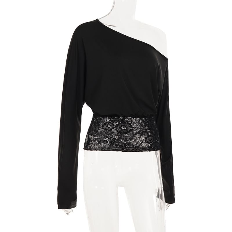 One Shoulder Lace Panel Cropped Long Sleeve Shirt