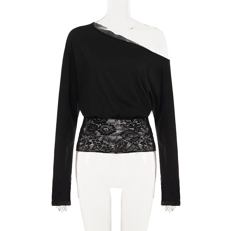 One Shoulder Lace Panel Cropped Long Sleeve Shirt