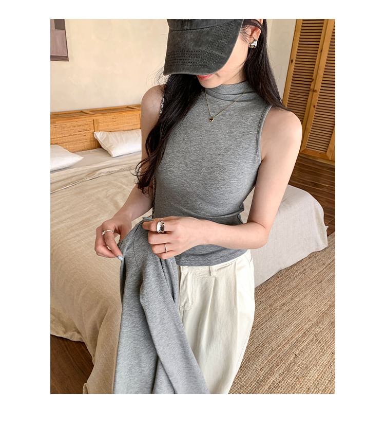 Set: Sleeveless Mock Neck Plain Top + V-Neck Plain Cardigan
