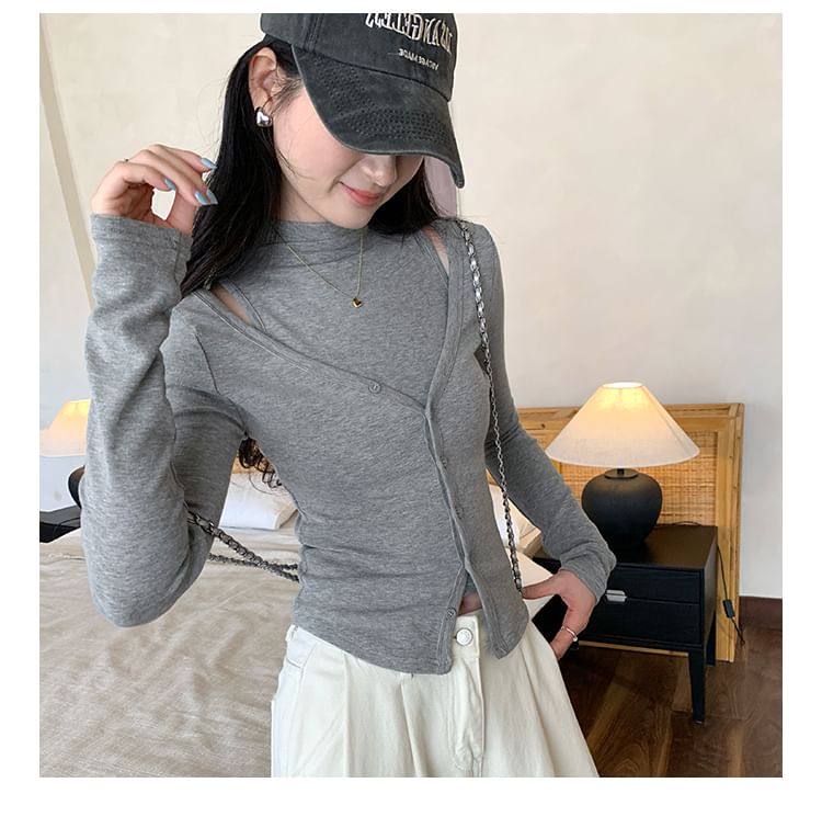 Set: Sleeveless Mock Neck Plain Top + V-Neck Plain Cardigan