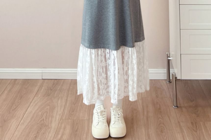 Maternity Long-Sleeve Crewneck Lace Panel Maxi Dress