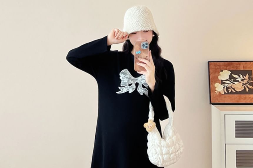 Maternity Long-Sleeve Crewneck Lace Panel Maxi Dress