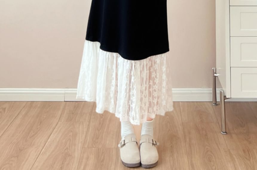 Maternity Long-Sleeve Crewneck Lace Panel Maxi Dress