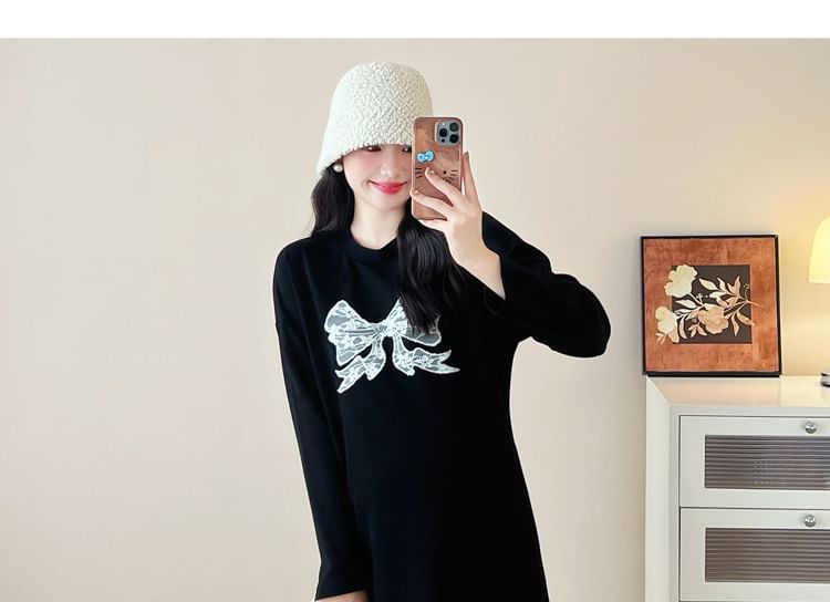 Maternity Long-Sleeve Crewneck Lace Panel Maxi Dress