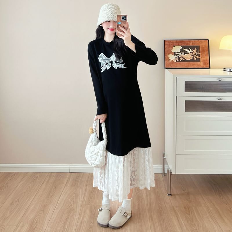 Maternity Long-Sleeve Crewneck Lace Panel Maxi Dress