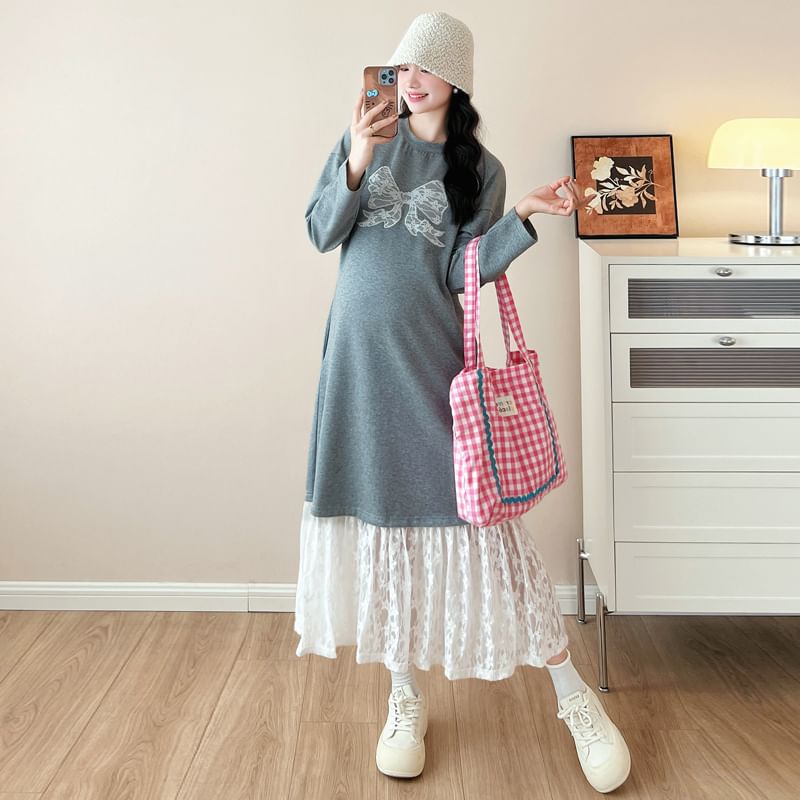 Maternity Long-Sleeve Crewneck Lace Panel Maxi Dress