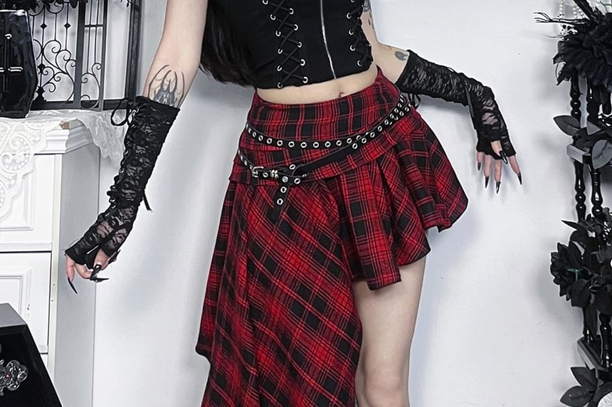 Asymmetrical Ruched Plaid A-Line Skirt Mid Rise