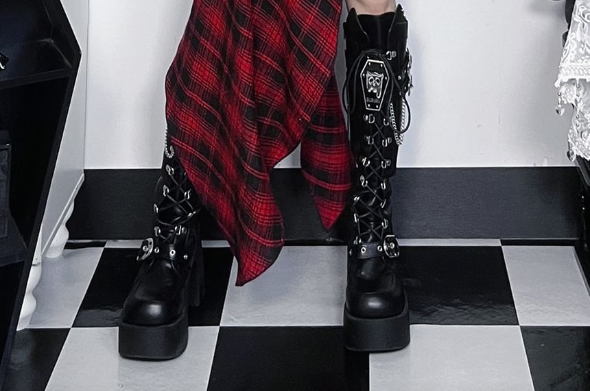 Asymmetrical Ruched Plaid A-Line Skirt Mid Rise
