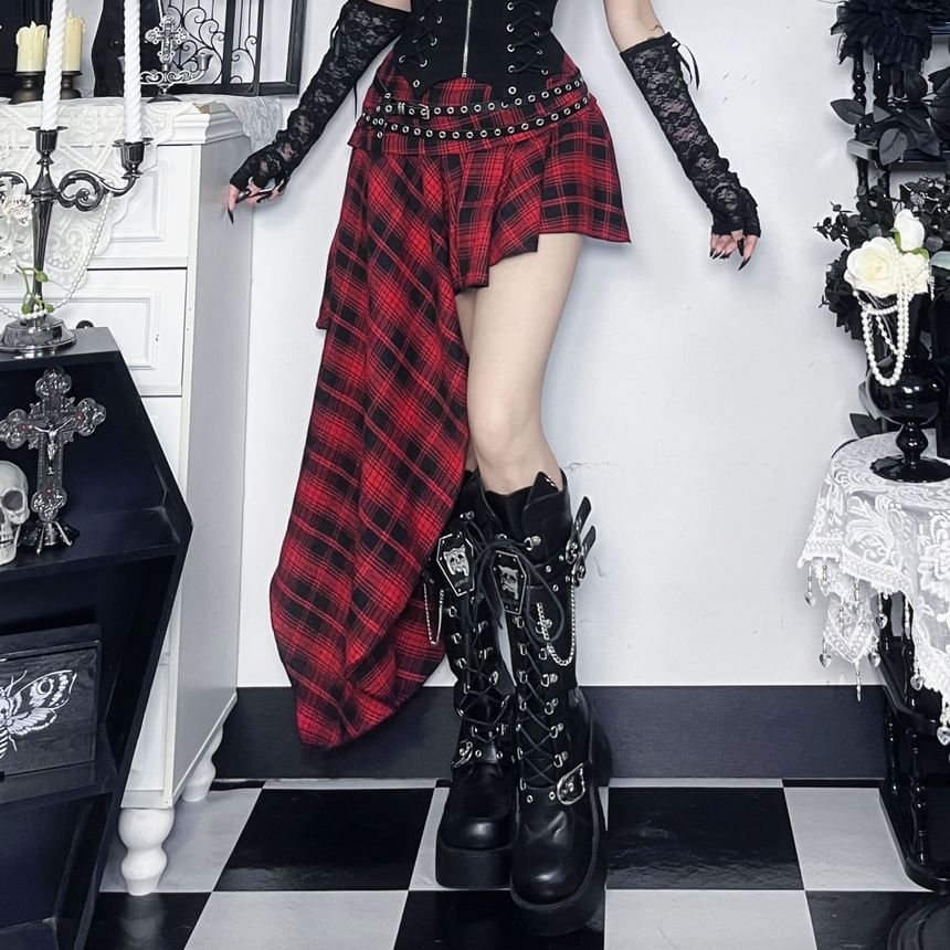 Asymmetrical Ruched Plaid A-Line Skirt Mid Rise
