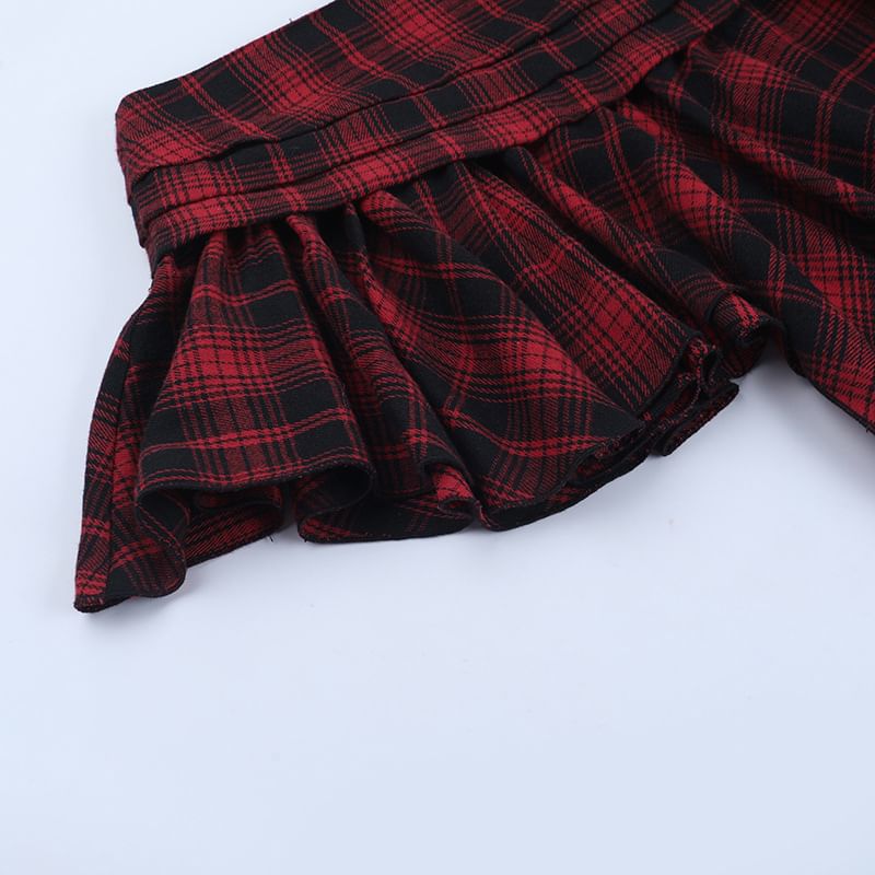 Asymmetrical Ruched Plaid A-Line Skirt Mid Rise