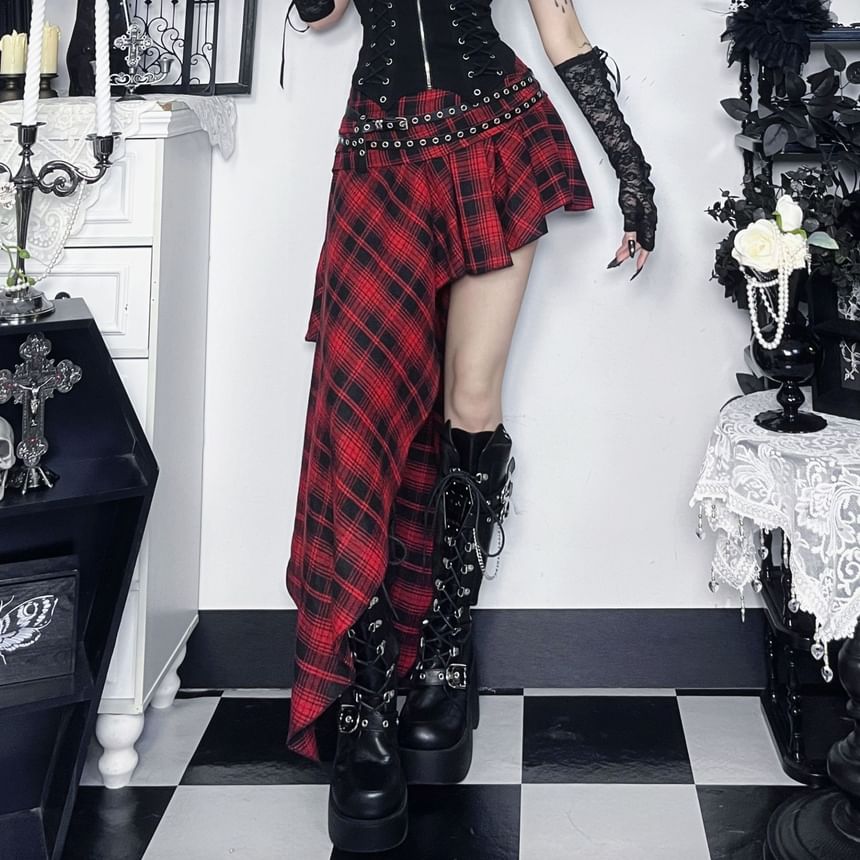 Asymmetrical Ruched Plaid A-Line Skirt Mid Rise