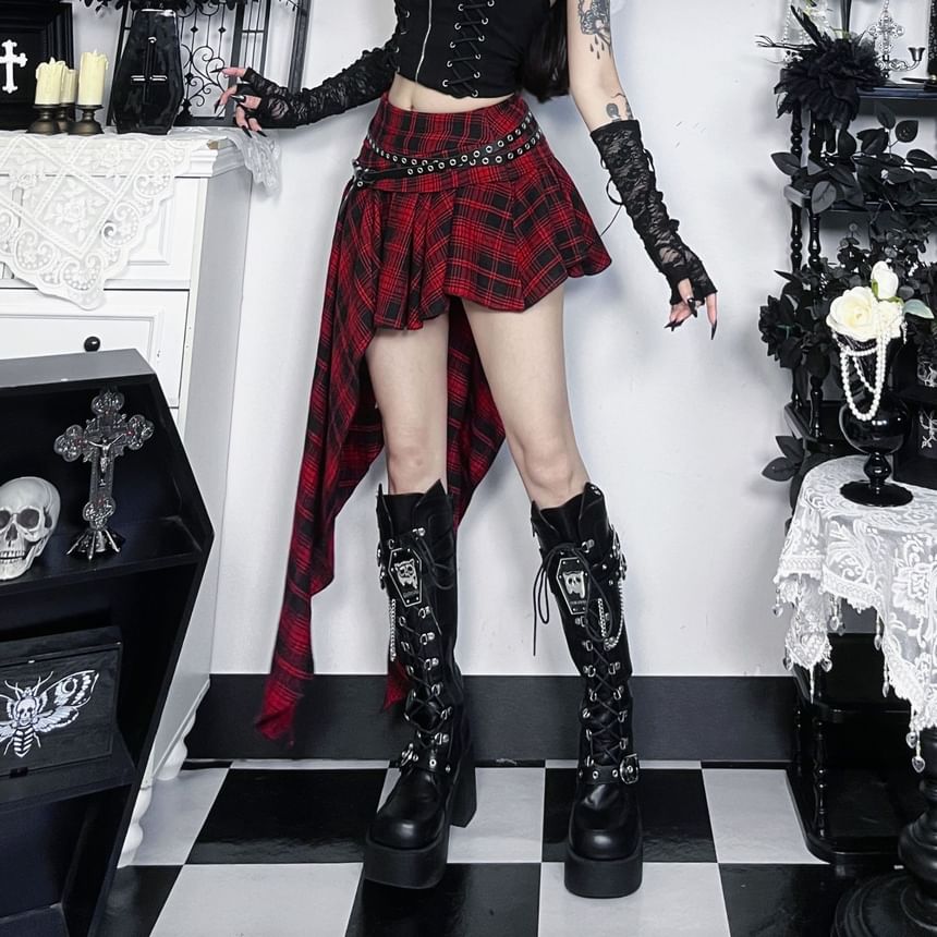 Asymmetrical Ruched Plaid A-Line Skirt Mid Rise