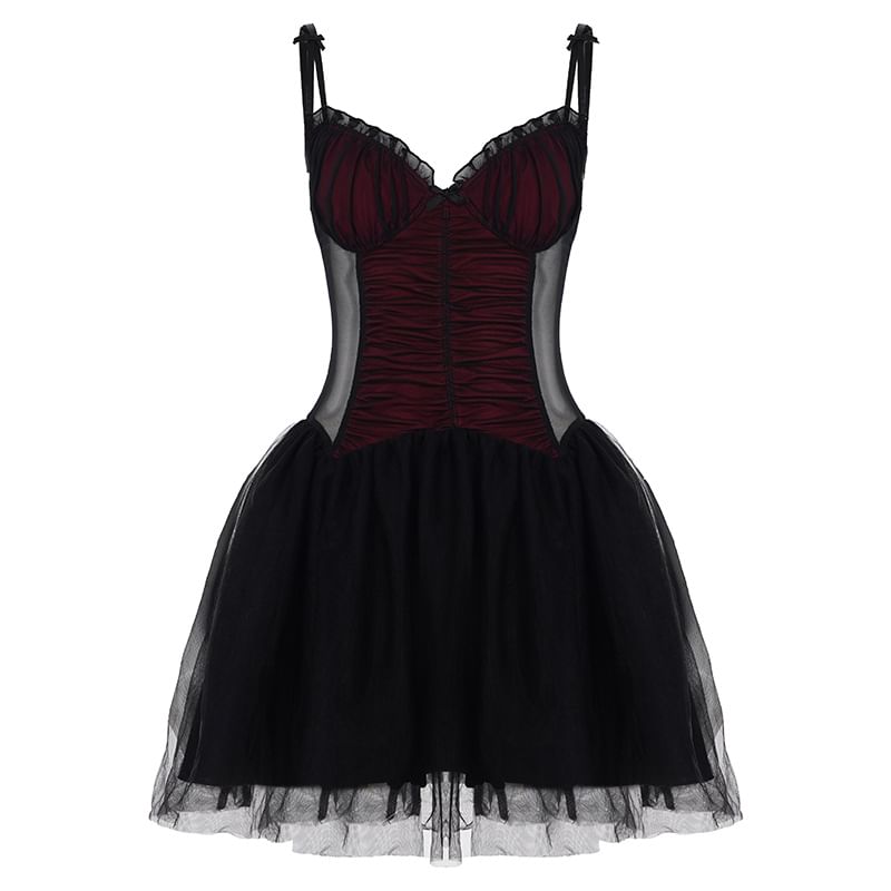 Spaghetti Strap V-Neck Ruffled Color-Block Mesh Mini A-Line Skirt