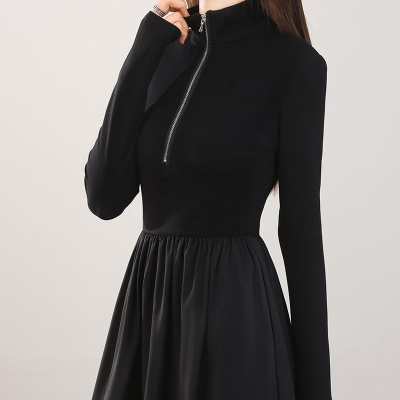 Long-Sleeve Half-Zip Plain Maxi A-Line Dress