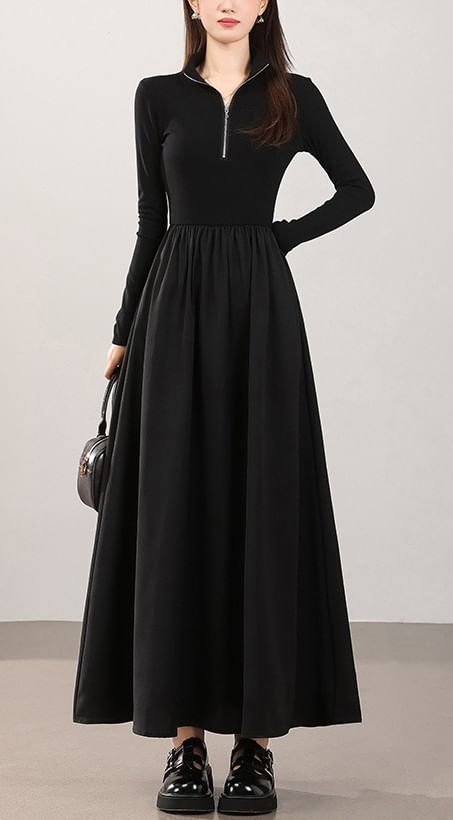 Long-Sleeve Half-Zip Plain Maxi A-Line Dress