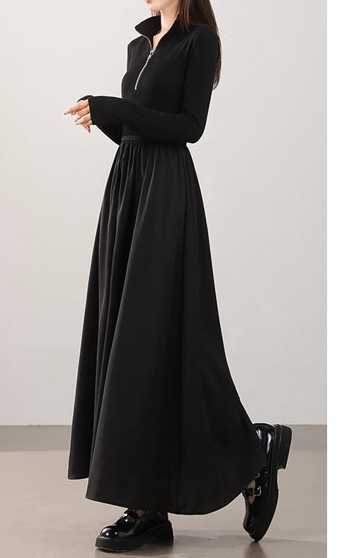 Long-Sleeve Half-Zip Plain Maxi A-Line Dress