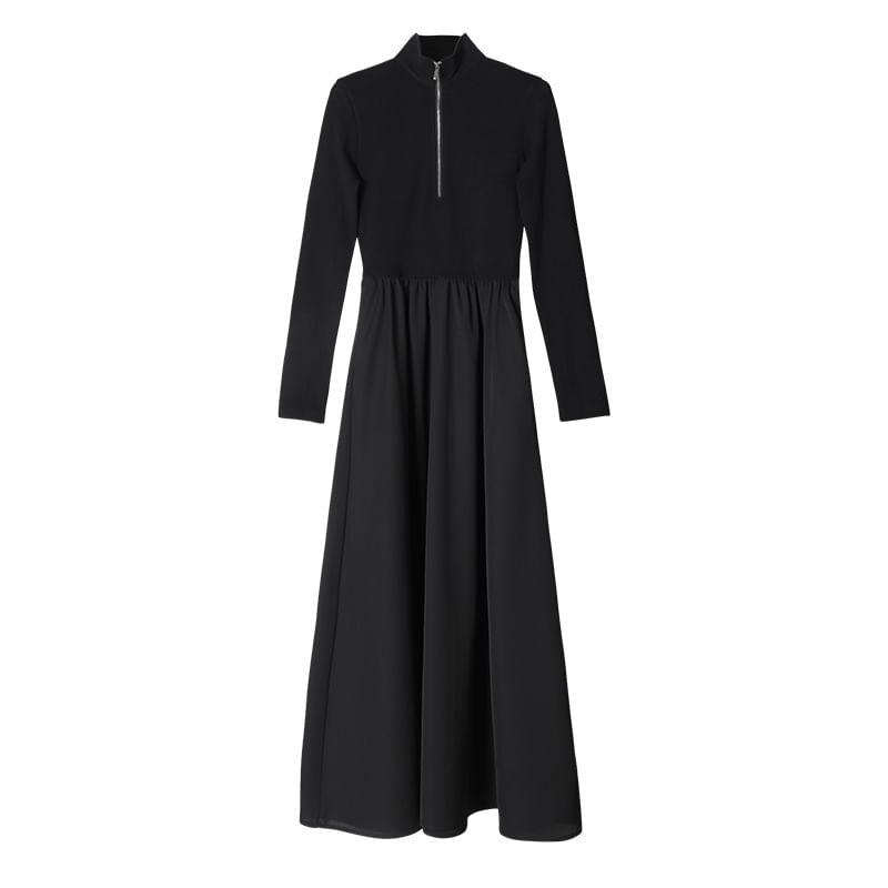 Long-Sleeve Half-Zip Plain Maxi A-Line Dress