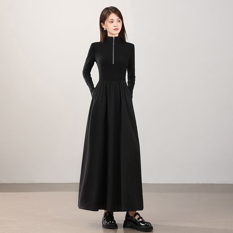 Long-Sleeve Half-Zip Plain Maxi A-Line Dress
