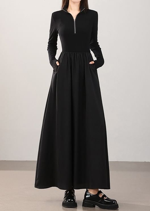 Long-Sleeve Half-Zip Plain Maxi A-Line Dress