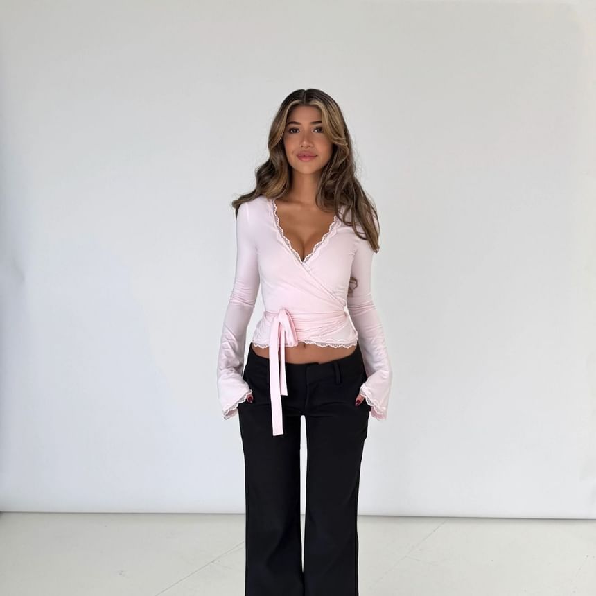 V-Neck Lace Trim Crop Tee - Long Sleeve