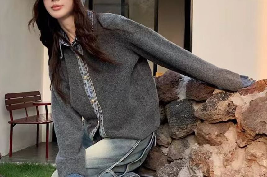 Collared Denim Trim Button Up Cardigan