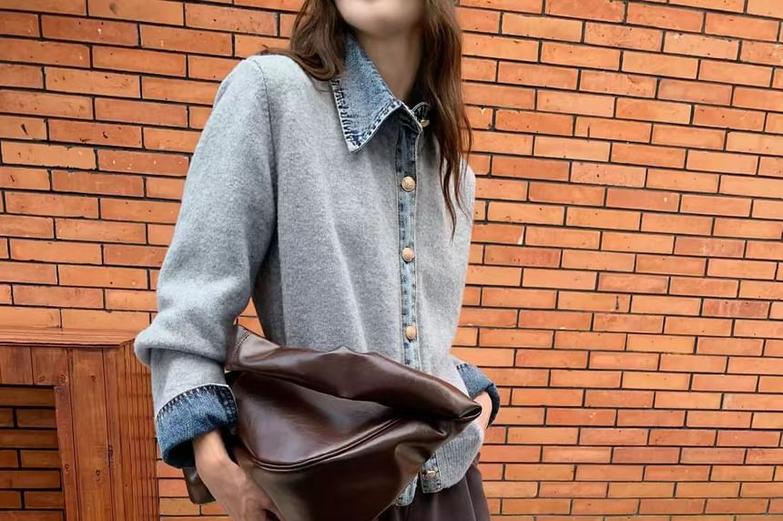 Collared Denim Trim Button Up Cardigan