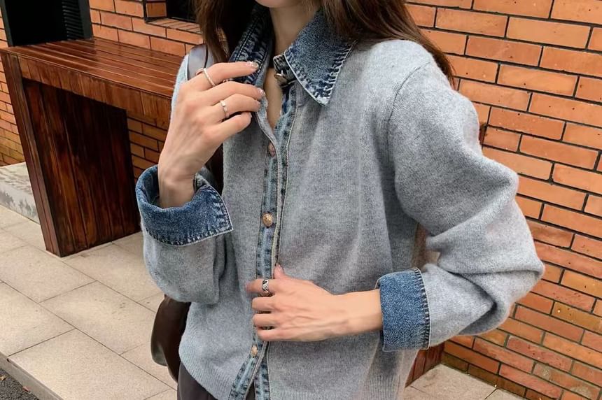 Collared Denim Trim Button Up Cardigan
