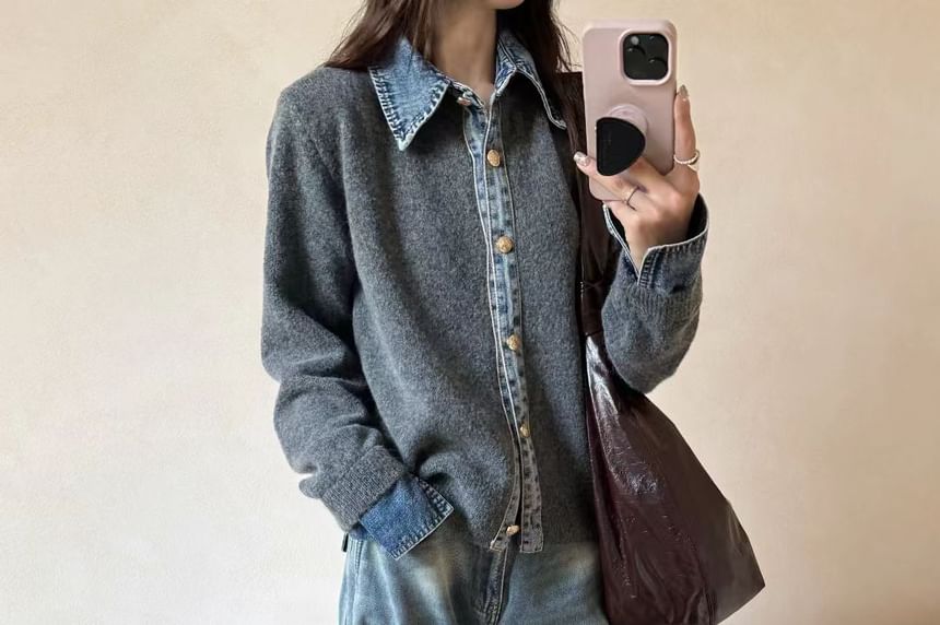 Collared Denim Trim Button Up Cardigan
